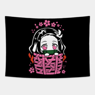 Kawaii Nezuko Chibi: Basket of Cuteness - Demon Slayer Tapestry