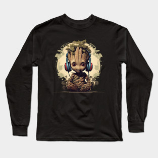 Baby Groot with Headphones Long Sleeve T-Shirt