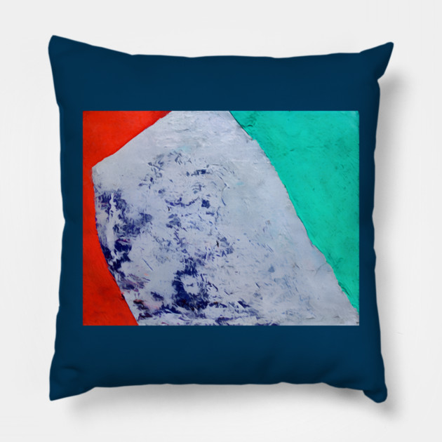 Color Field Abstract in teal, vermilion red, and a broad ice-blue/cobalt center Pillow by DonWillisJrArt
