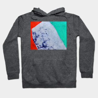 Color Field Abstract in teal, vermilion red, and a broad ice-blue/cobalt center Hoodie