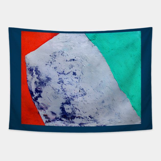 Color Field Abstract in teal, vermilion red, and a broad ice-blue/cobalt center Tapestry by DonWillisJrArt