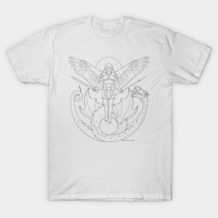 Fighting Angel and Dragon Black Line T-Shirt