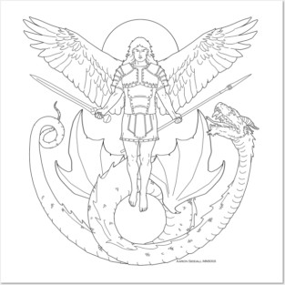 Fighting Angel and Dragon Black Line Posters and Art