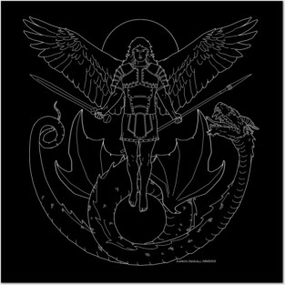 Fighting Angel and Dragon White Line Posters and Art