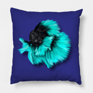 Illustrated Black and Teal Betta Fish Pillow