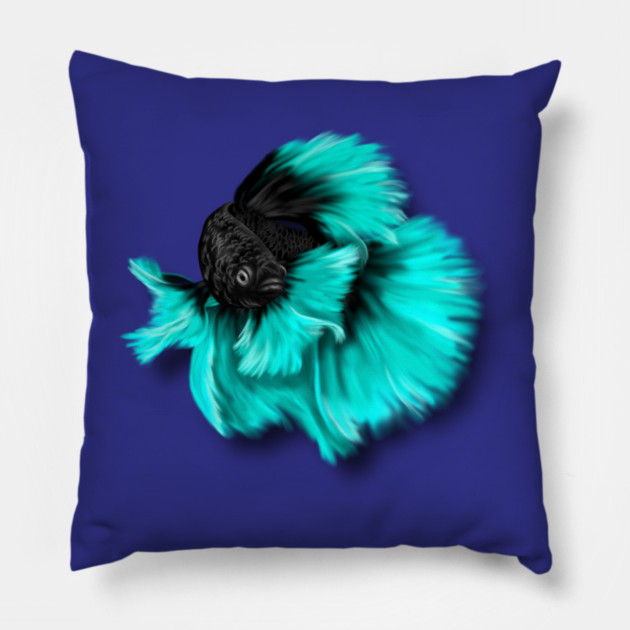 Illustrated Black and Teal Betta Fish Pillow by H. R. Sinclair