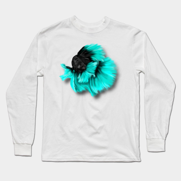 Illustrated Black and Teal Betta Fish Long Sleeve T-Shirt by H. R. Sinclair