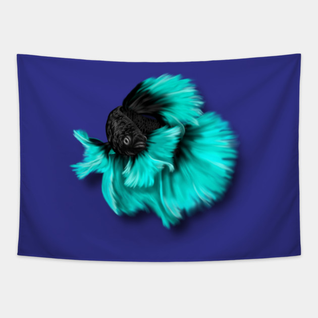 Illustrated Black and Teal Betta Fish Tapestry by H. R. Sinclair