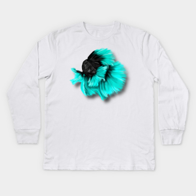 Illustrated Black and Teal Betta Fish Kids Long Sleeve T-Shirt by H. R. Sinclair