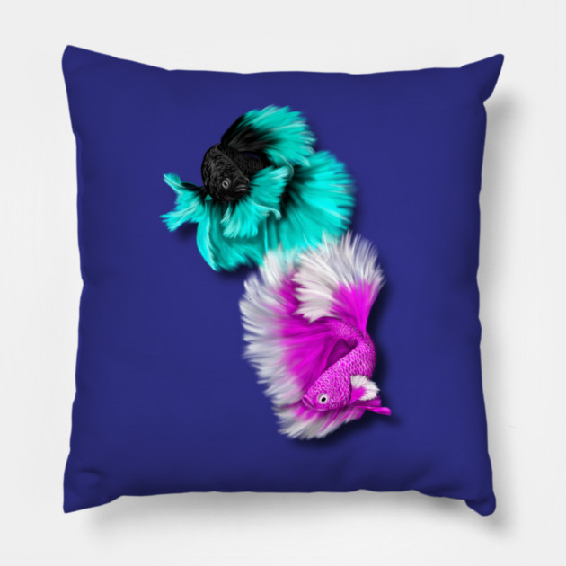 Betta Fish Duo, black & teal, white & pink Pillow by H. R. Sinclair