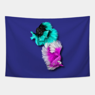 Betta Fish Duo, black & teal, white & pink Tapestry