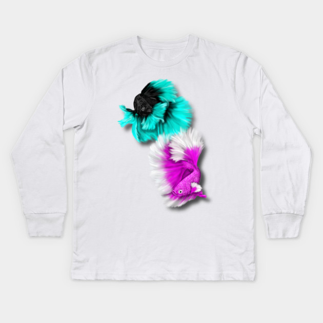 Betta Fish Duo, black & teal, white & pink Kids Long Sleeve T-Shirt by H. R. Sinclair