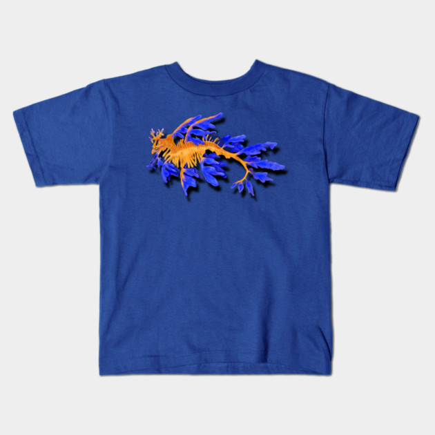 Illustrated Gold & Blue Leafy Seadragon Kids T-Shirt by H. R. Sinclair