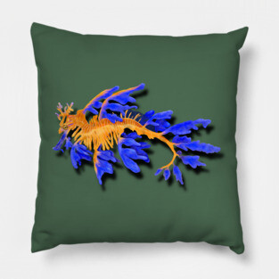 Illustrated Gold & Blue Leafy Seadragon Pillow