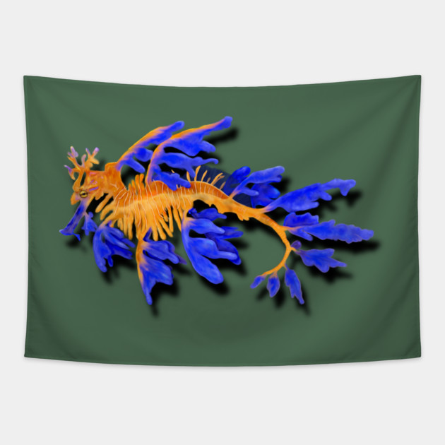 Illustrated Gold & Blue Leafy Seadragon Tapestry by H. R. Sinclair