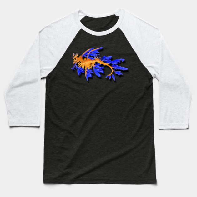 Illustrated Gold & Blue Leafy Seadragon Baseball T-Shirt by H. R. Sinclair