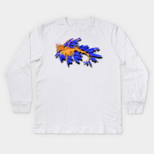 Illustrated Gold & Blue Leafy Seadragon Kids Long Sleeve T-Shirt