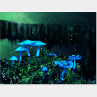 Magical Blue Fairy Mushrooms Art Posters and Art