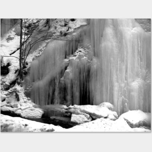 Black and White Frozen Waterfall Posters and Art
