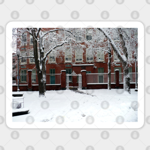 Boston Red Brick School House in Winter Snow Sticker by H. R. Sinclair