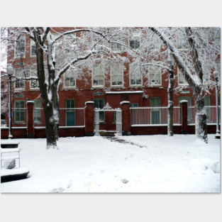 Boston Red Brick School House in Winter Snow Posters and Art
