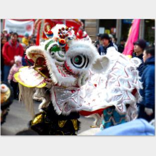 White Chinese Lion Dancer Chinatown Posters and Art