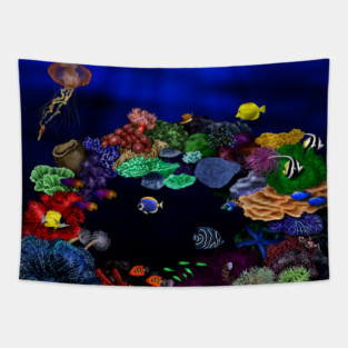 Colorful Coral & Fish Reef Art Tapestry