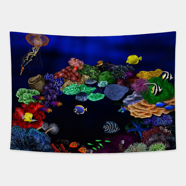 Colorful Coral & Fish Reef Art Tapestry by H. R. Sinclair