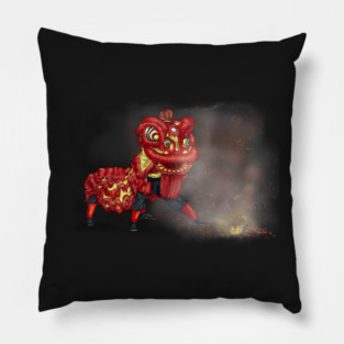 Chinese Lion Dancers Firecracker Illustration Pillow