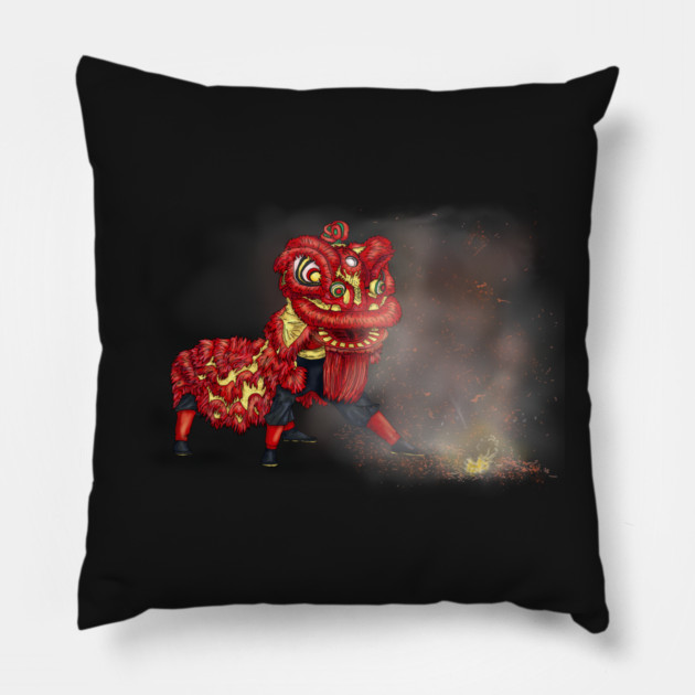 Chinese Lion Dancers Firecracker Illustration Pillow by H. R. Sinclair