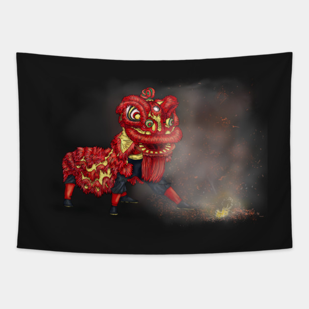 Chinese Lion Dancers Firecracker Illustration Tapestry by H. R. Sinclair