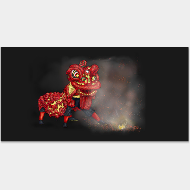 Chinese Lion Dancers Firecracker Illustration Wall Art by H. R. Sinclair