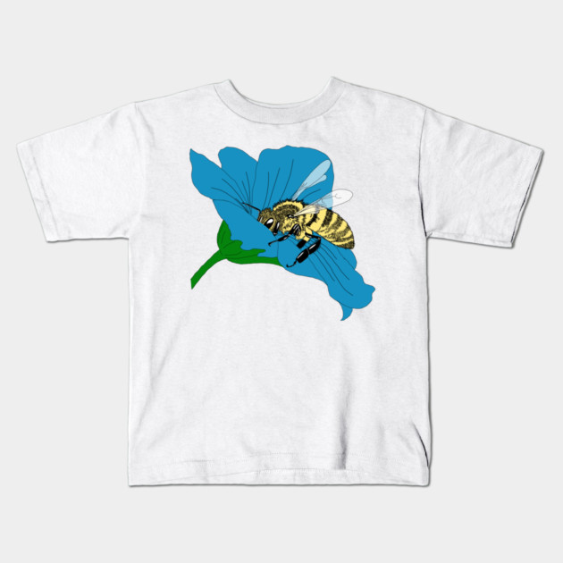 Honeybee Blue Flower Illustration Kids T-Shirt by H. R. Sinclair
