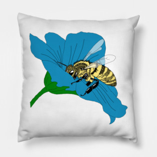 Honeybee Blue Flower Illustration Pillow