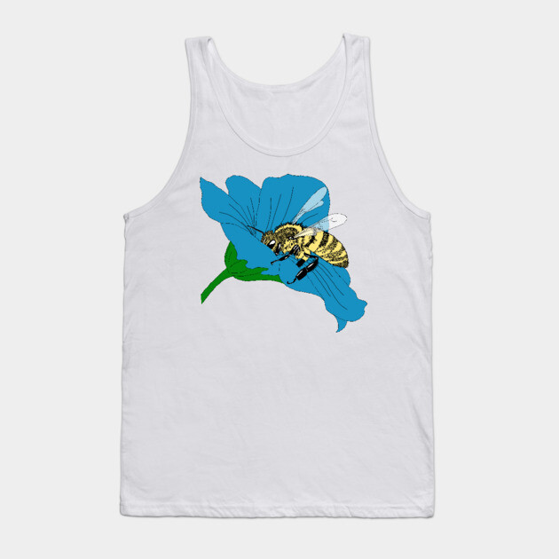Honeybee Blue Flower Illustration Tank Top by H. R. Sinclair