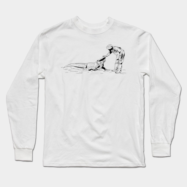 Petting an Alligator Line Art Long Sleeve T-Shirt by H. R. Sinclair