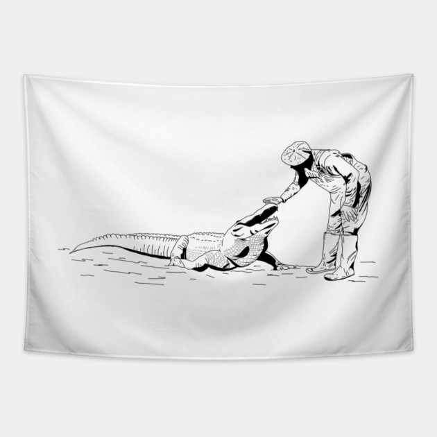 Petting an Alligator Line Art Tapestry by H. R. Sinclair
