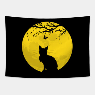 Black Cat Yellow Moon Tapestry