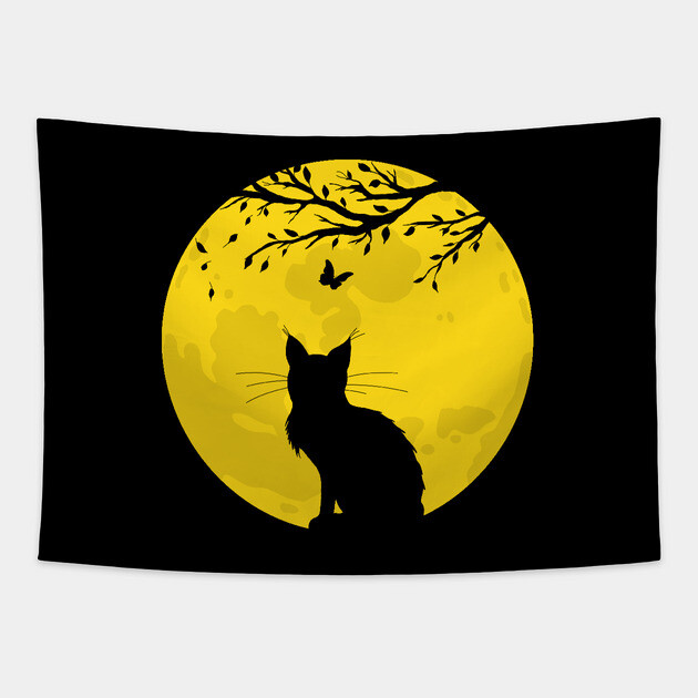 Black Cat Yellow Moon Tapestry by H. R. Sinclair