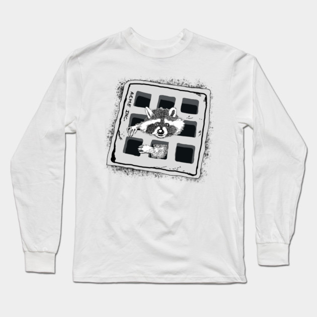 Raccoon Stuck in Grate Illustration Long Sleeve T-Shirt by H. R. Sinclair