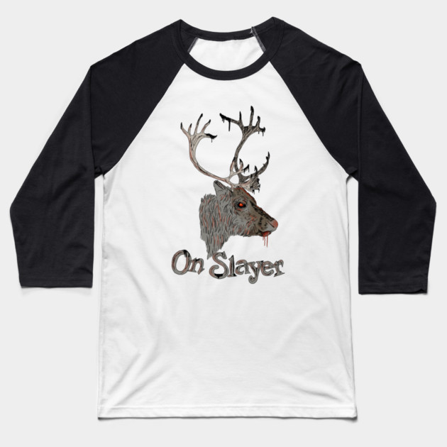 On Slayer Christmas Reindeer Baseball T-Shirt by H. R. Sinclair