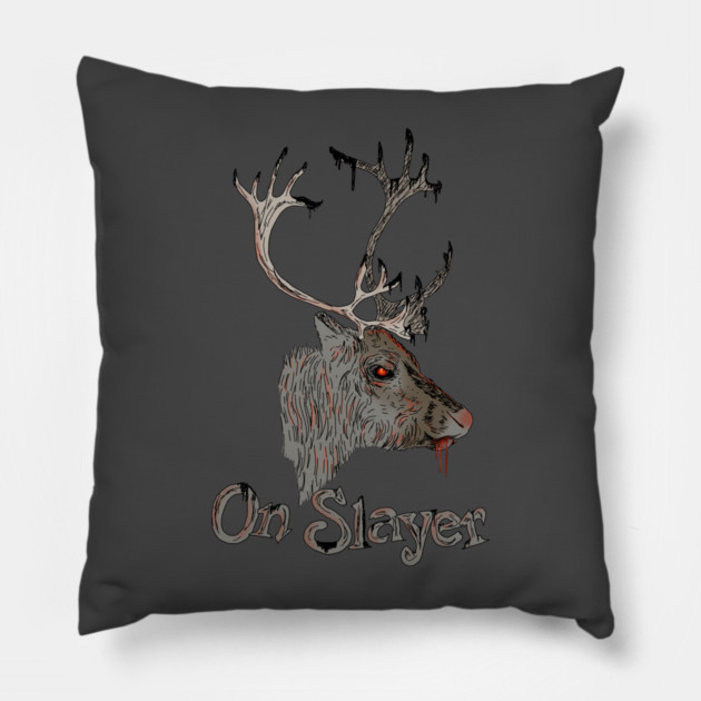 On Slayer Christmas Reindeer Pillow by H. R. Sinclair