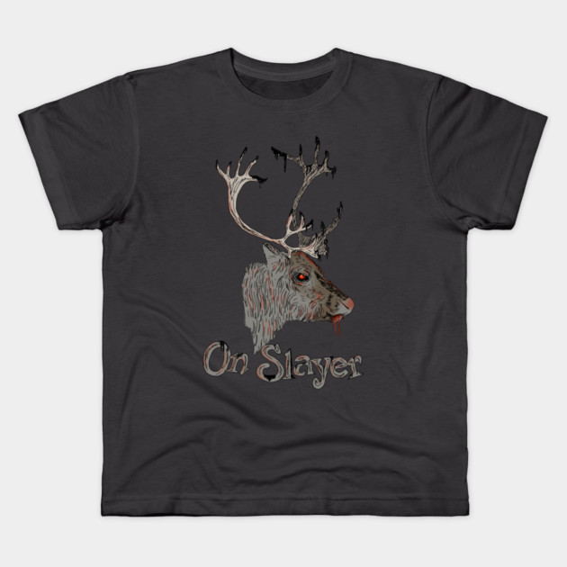On Slayer Christmas Reindeer Kids T-Shirt by H. R. Sinclair