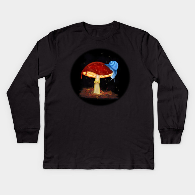 Blue Snail Red Mushroom Illustration Kids Long Sleeve T-Shirt by H. R. Sinclair