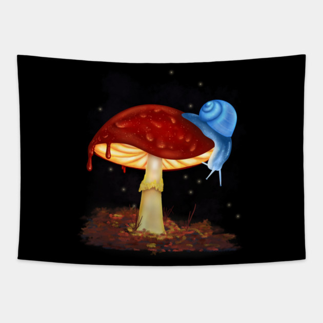Blue Snail Red Mushroom Illustration Tapestry by H. R. Sinclair