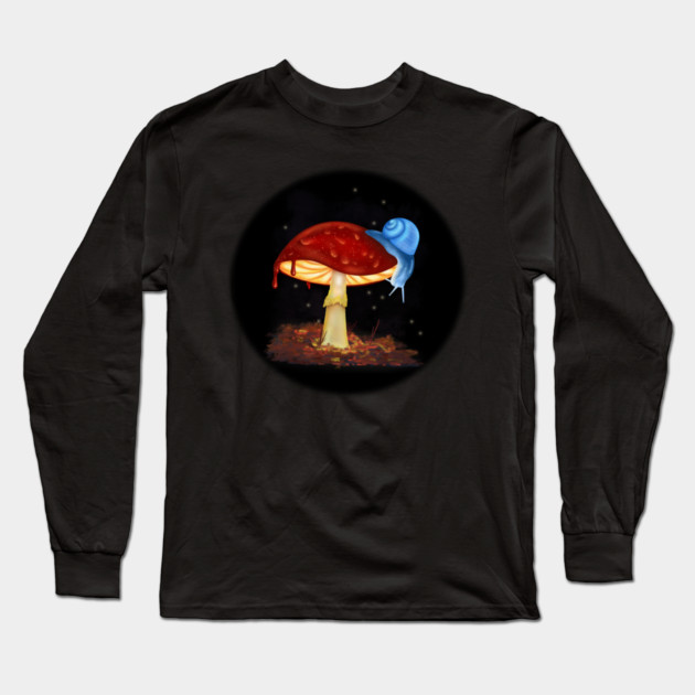 Blue Snail Red Mushroom Illustration Long Sleeve T-Shirt by H. R. Sinclair