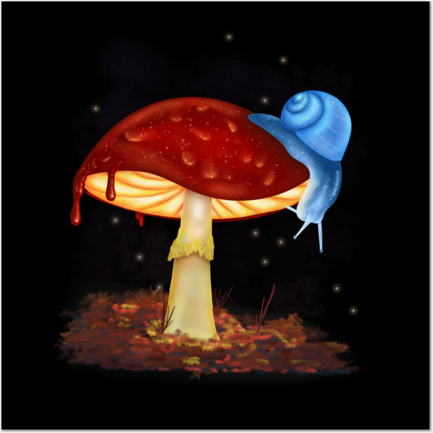 Blue Snail Red Mushroom Illustration Wall Art by H. R. Sinclair