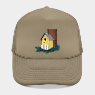 Funny Bluebird on Birdhouse Hat