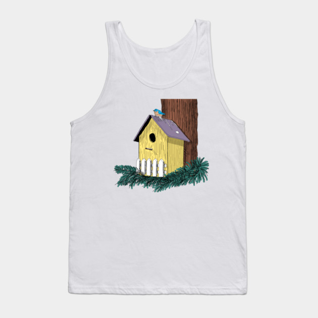 Funny Bluebird on Birdhouse Tank Top by H. R. Sinclair
