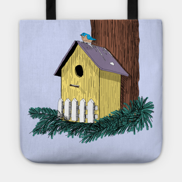 Funny Bluebird on Birdhouse Tote by H. R. Sinclair